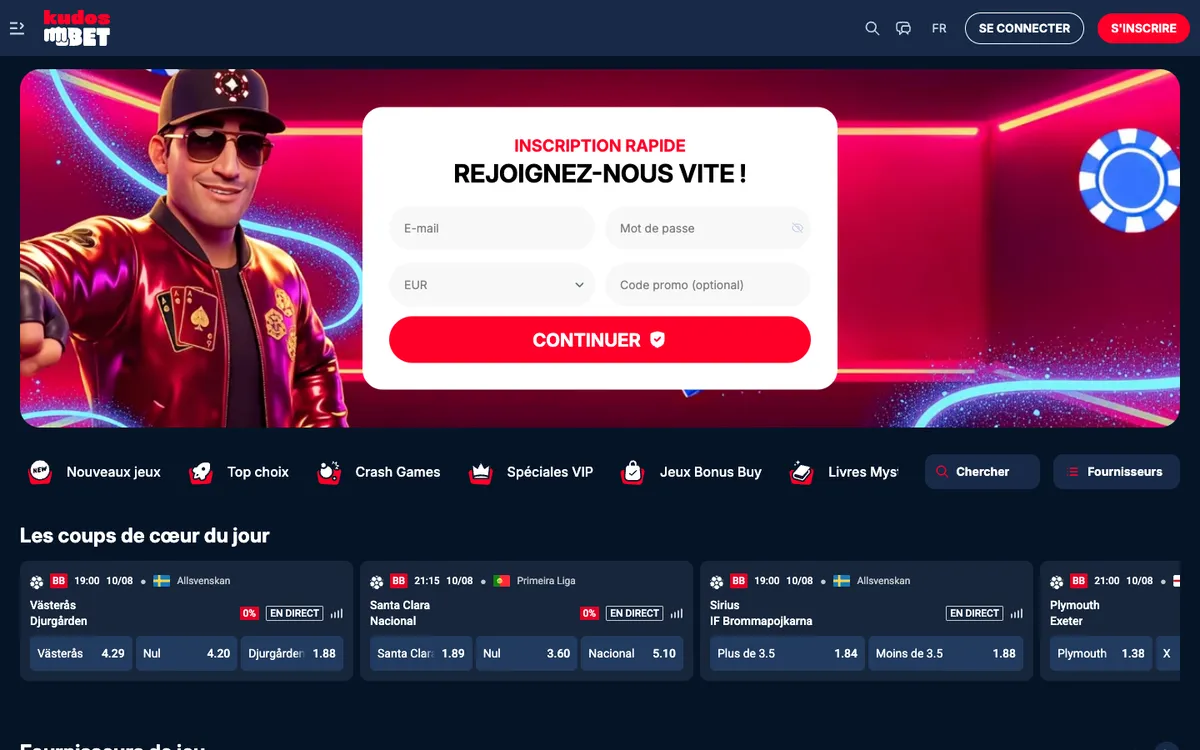 Kudosbet Casino — Home page, captured from France