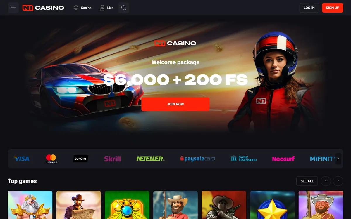 N1 Casino — Home page, captured from Canada
