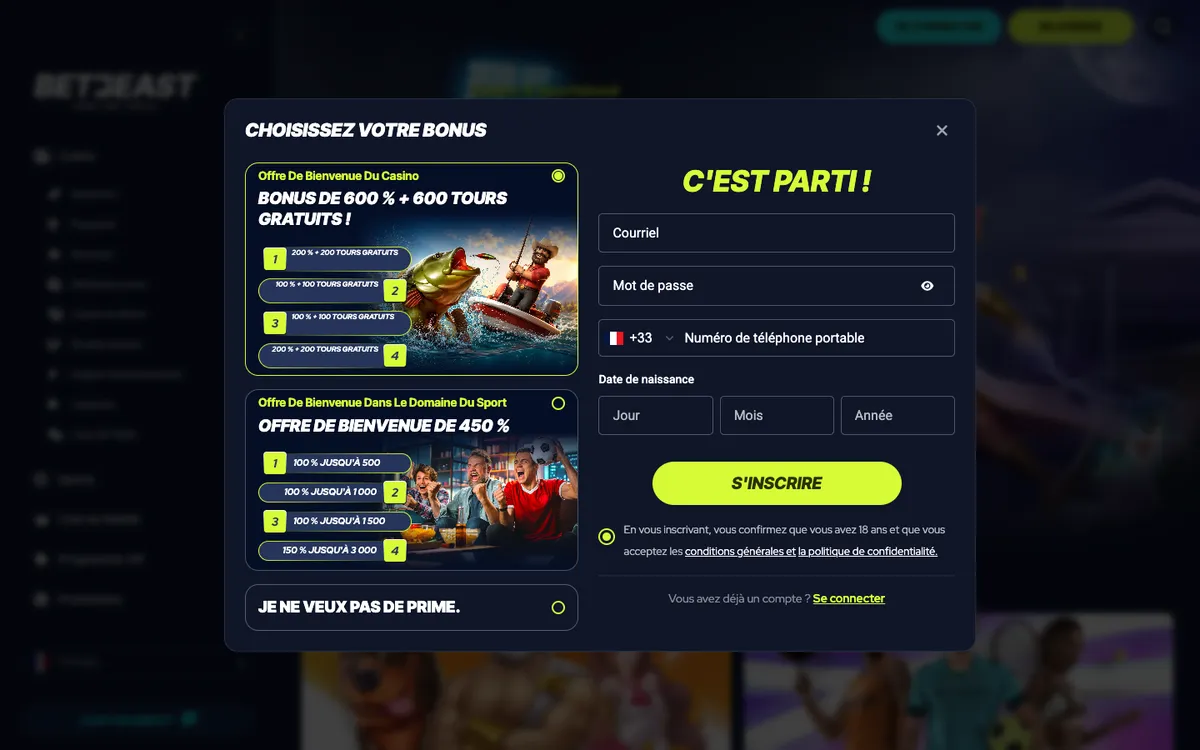 BetBeast Casino — Sign-up, captured from France