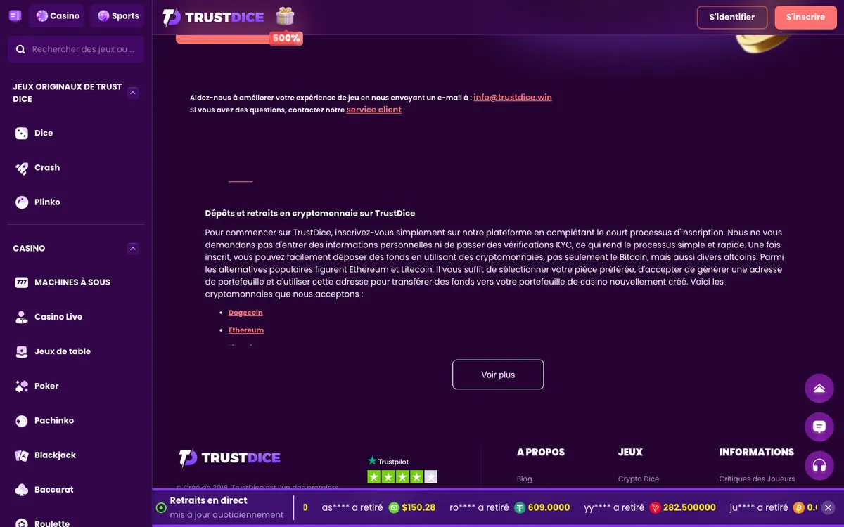 TrustDice Casino — Home page, captured from France