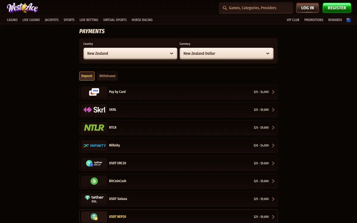 Westace Casino — «Платежи», снято из страны Новая Зеландия