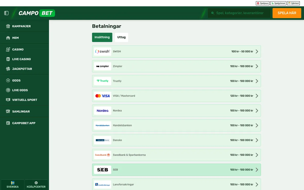 Campobet Casino — «Платежи», снято из страны Швеция