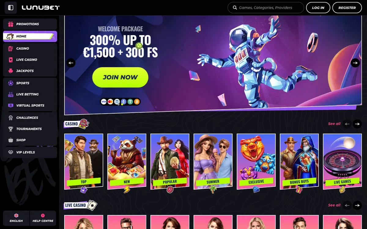 LunuBet Casino — «Главная», снято из страны Южно-Африканская Республика