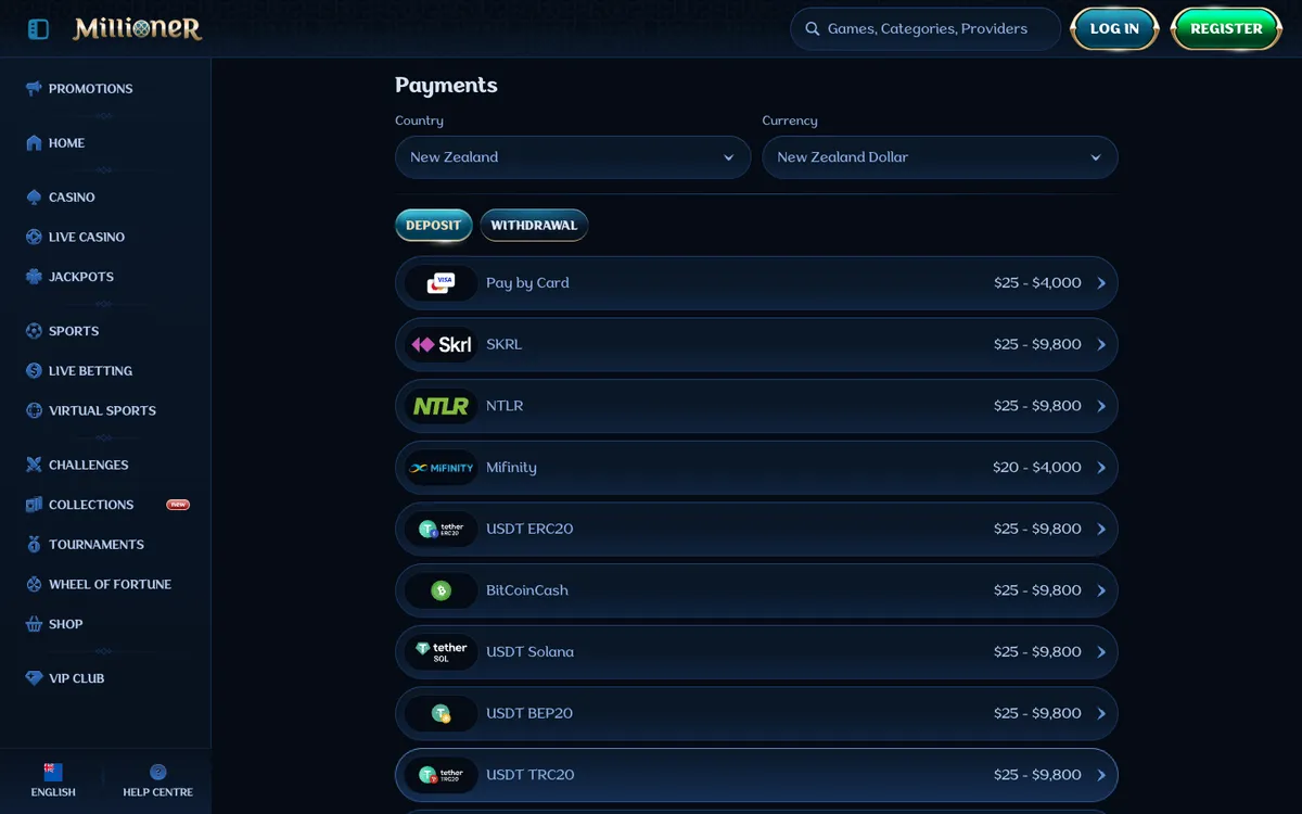 Millioner Casino — «Платежи», снято из страны Новая Зеландия