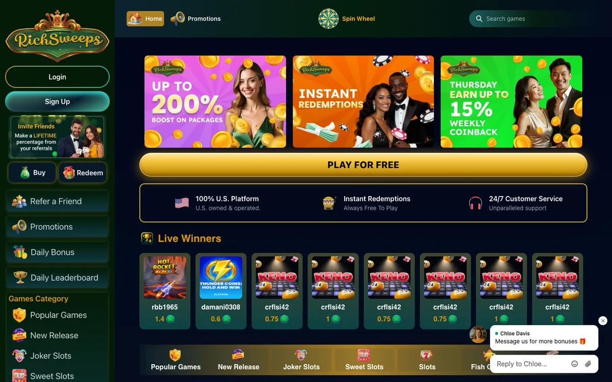 RichSweeps Casino — Home page, captured from United States