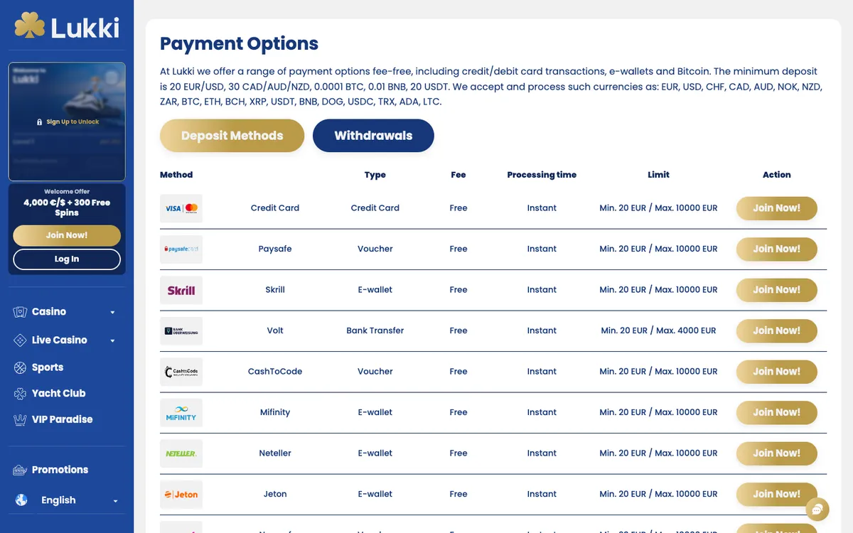Lukki Casino — Payments, captured from South Africa