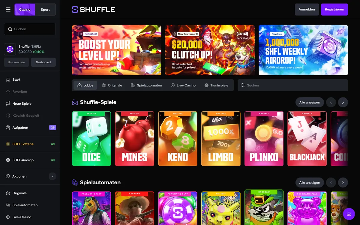 Shuffle Casino — Home page, captured from Austria