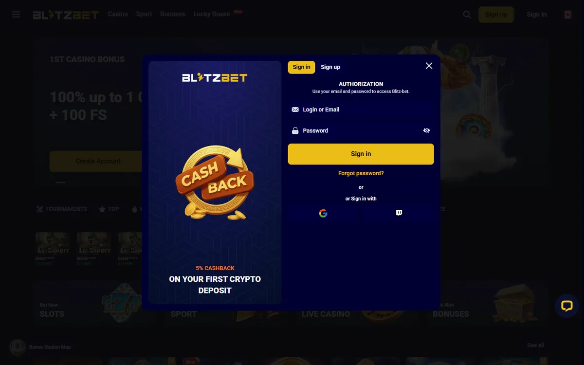 Blitz-bet Casino — «Регистрация», снято из страны Канада