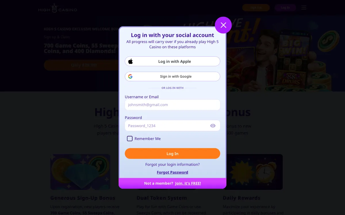 High 5 Casino — «Регистрация», снято из страны Соединенные Штаты