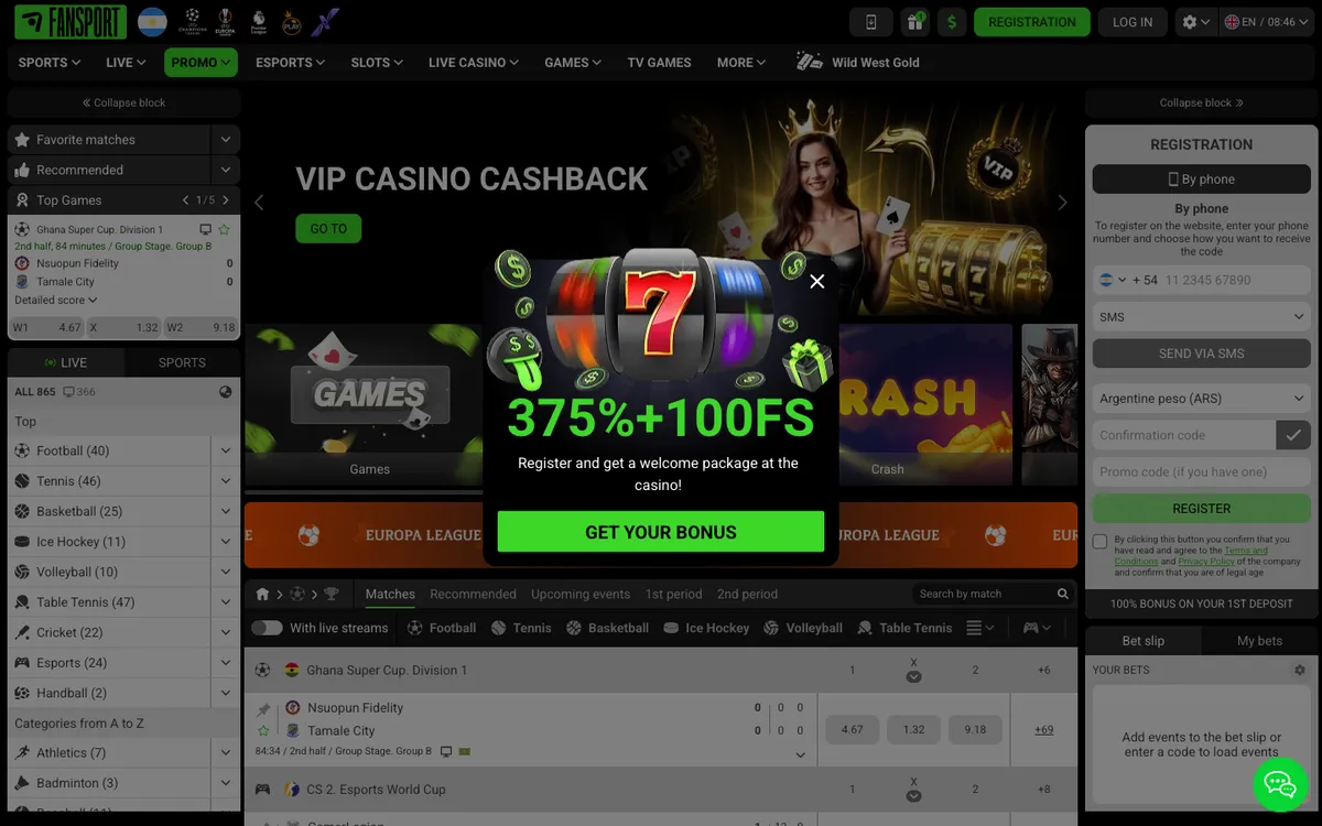 Fansport Casino — Home page, captured from Argentina