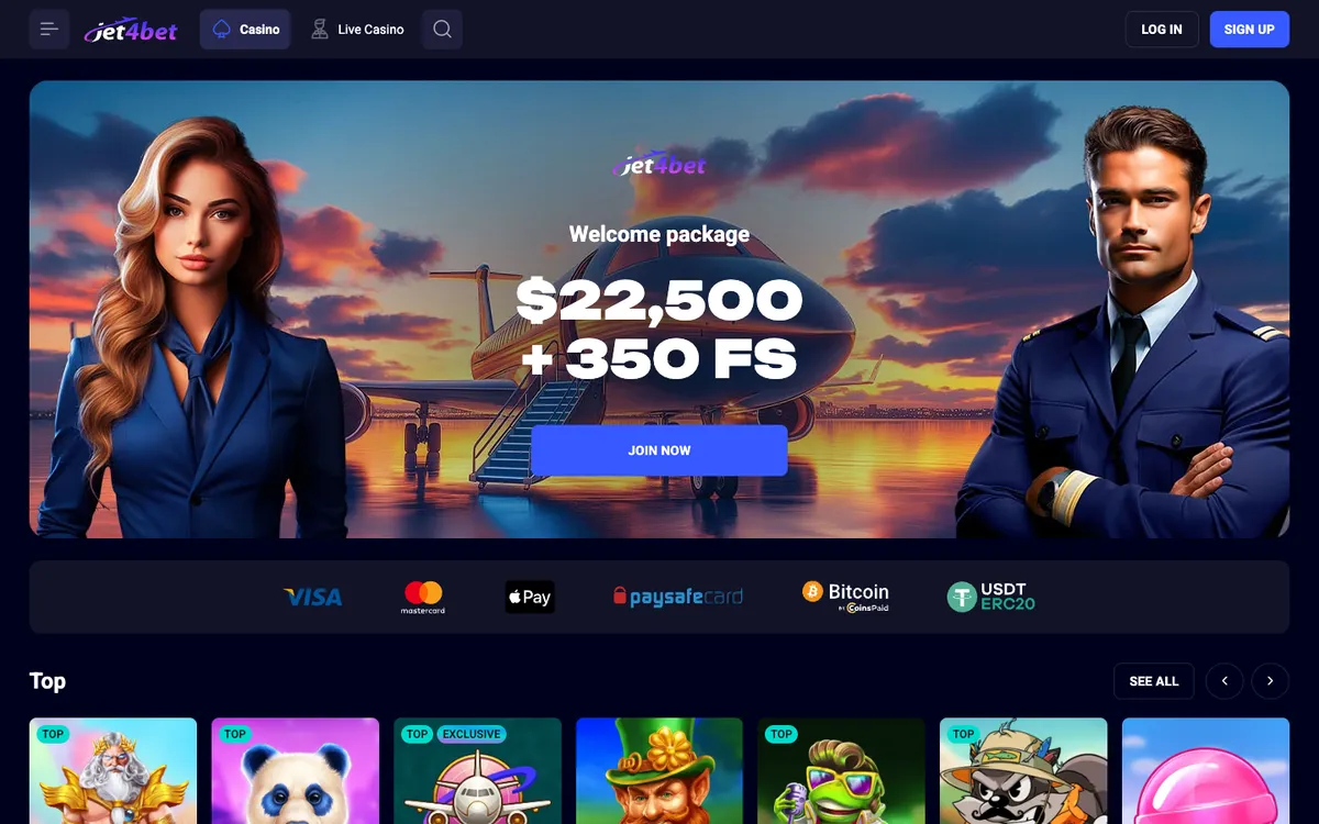 Jet4bet Casino — «Главная», снято из страны Новая Зеландия