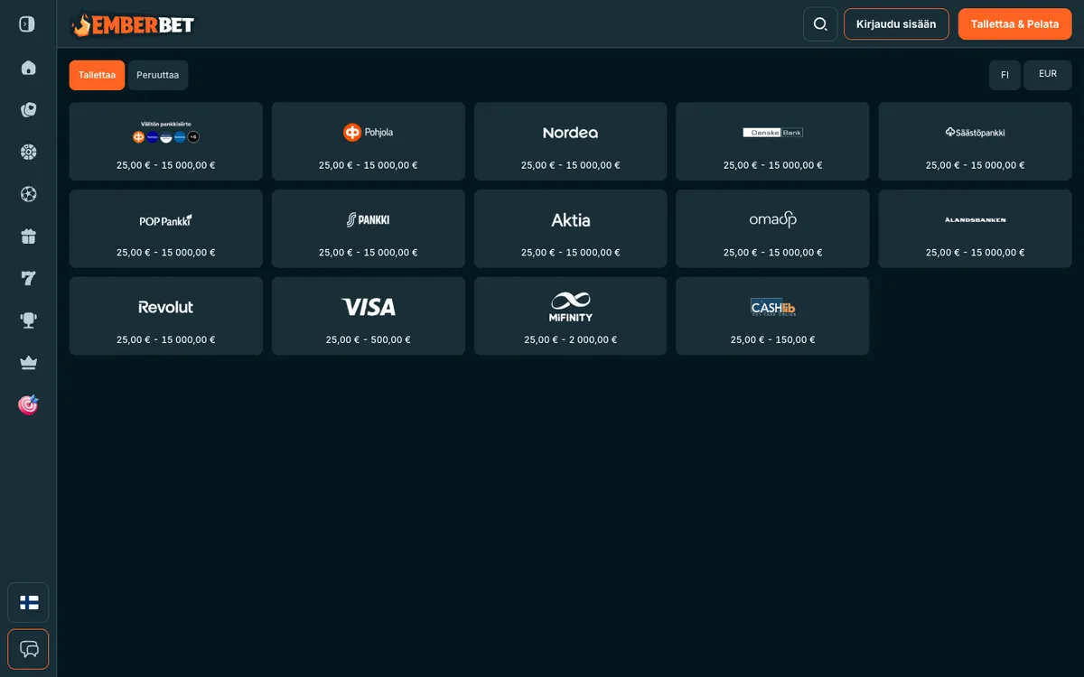 EmberBet Casino — «Платежи», снято из страны Финляндия