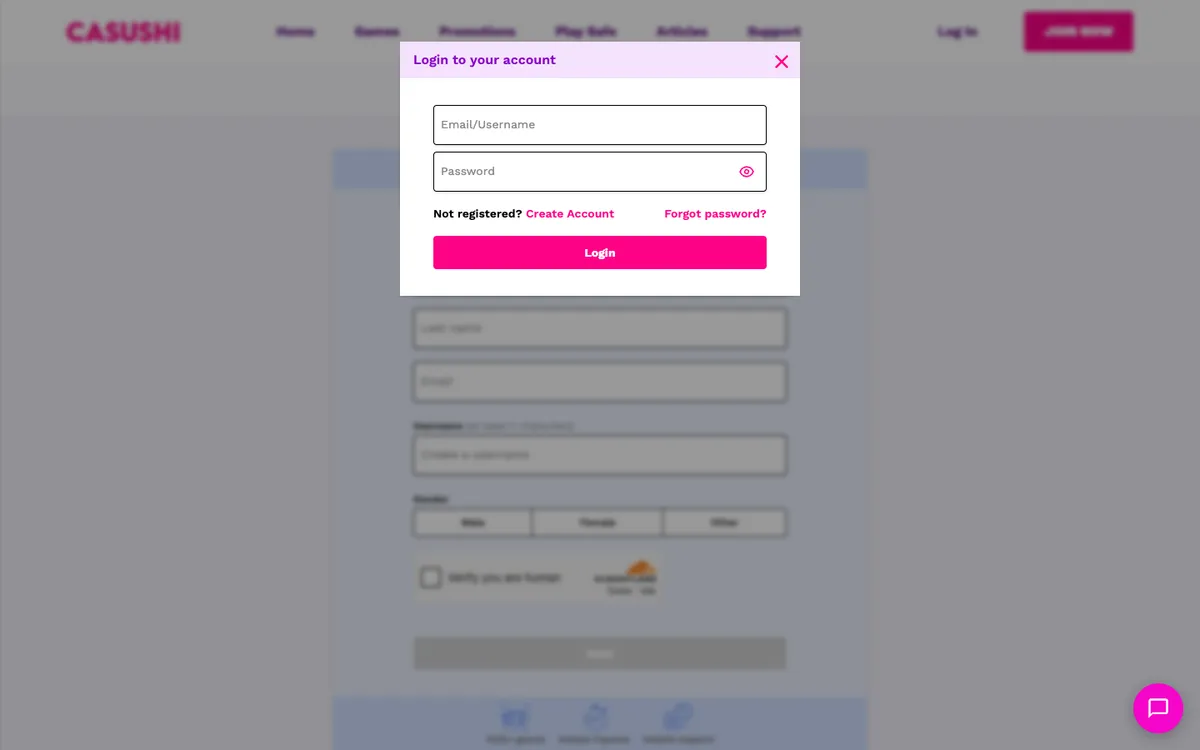 Casushi Casino — Sign-up, captured from United Kingdom