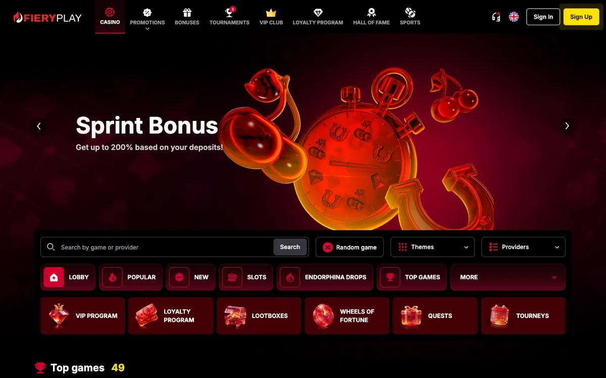 Fiery Play Casino — Home page, captured from Belgium