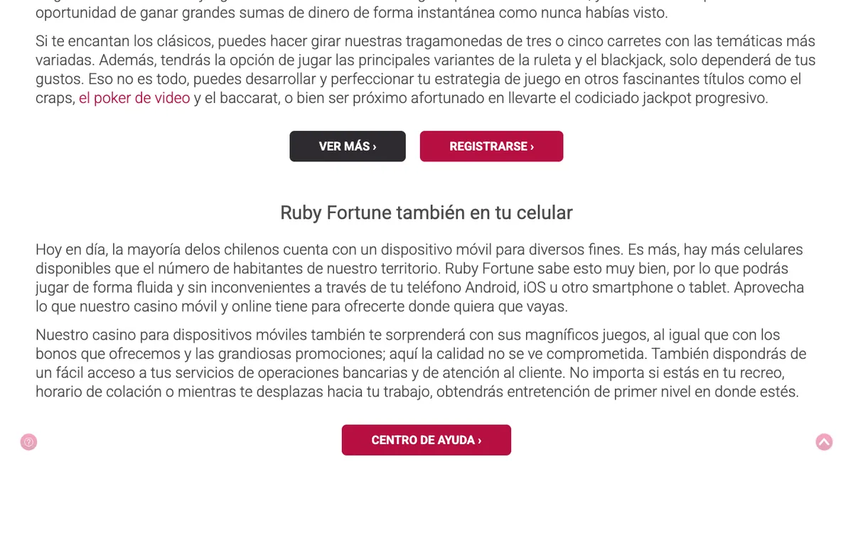 Ruby Fortune Casino — Home page, captured from Chile