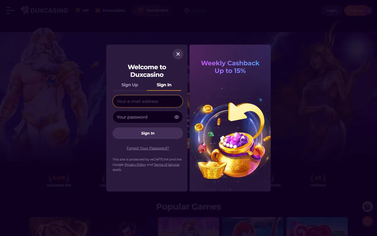 DuxCasino — «Регистрация», снято из страны Канада