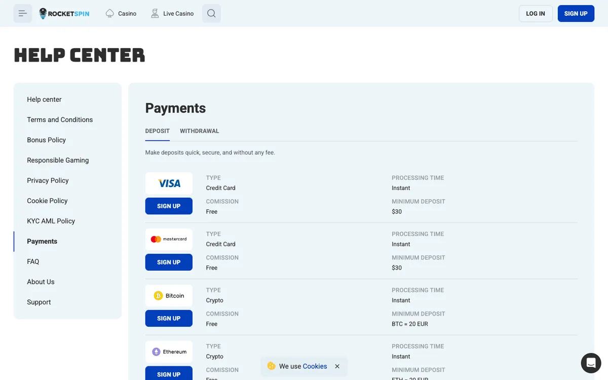 Rocket Spin Casino — Payments, captured from Australia