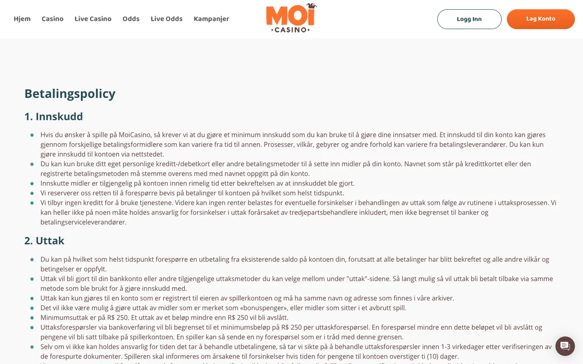 MoiCasino — Payments, captured from Norway