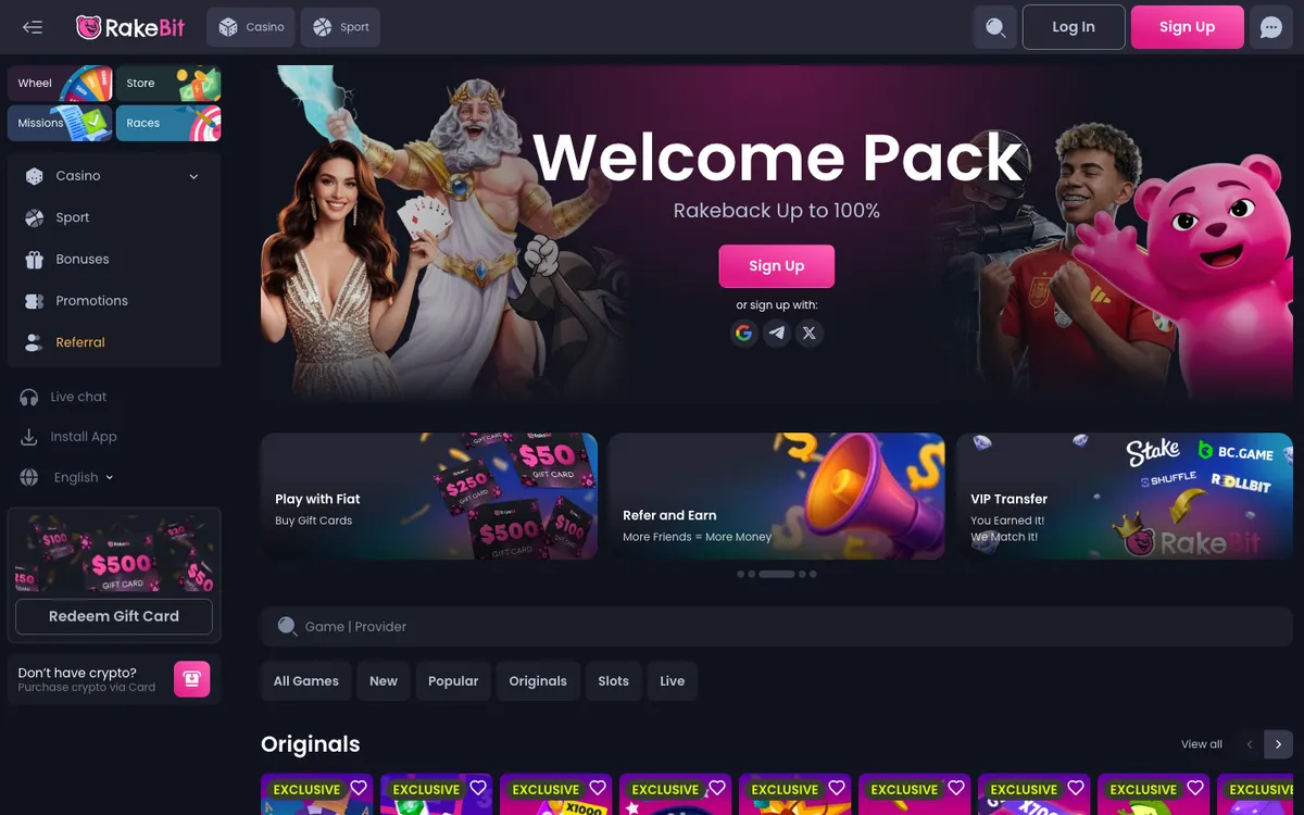 Rakebit Casino — «Главная», снято из страны Австрия