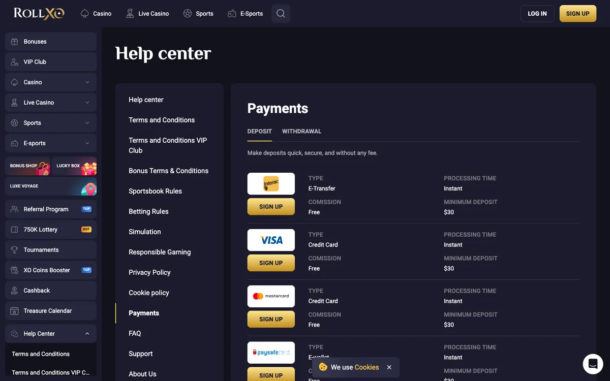 RollXO Casino — Payments, captured from Australia