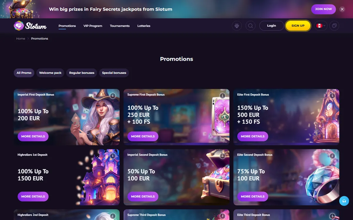 Slotum Casino — Promotions, captured from Canada