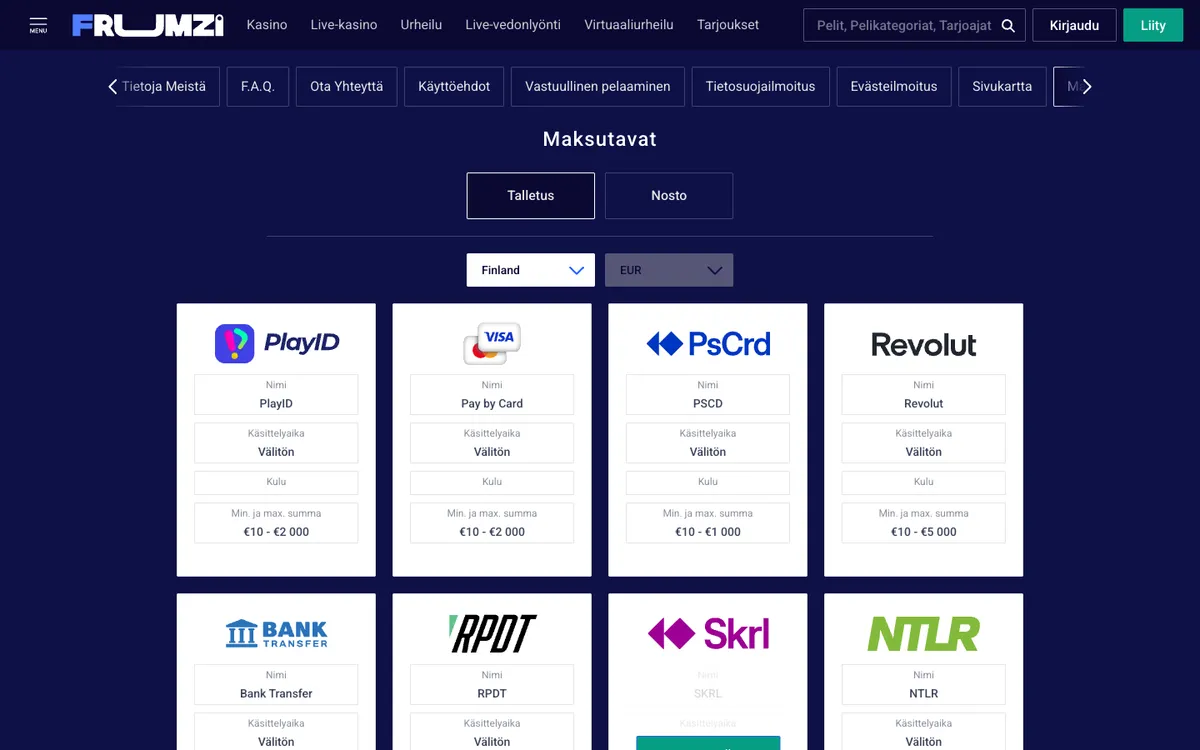 Frumzi Casino — «Платежи», снято из страны Финляндия