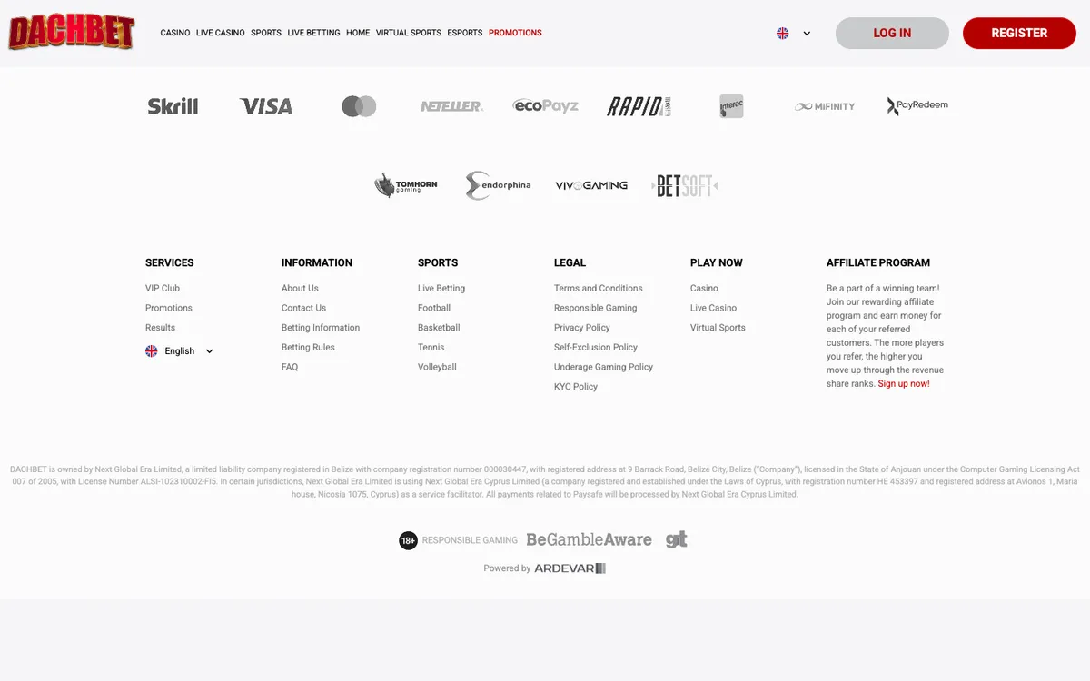 Dachbet Casino — Home page, captured from Australia