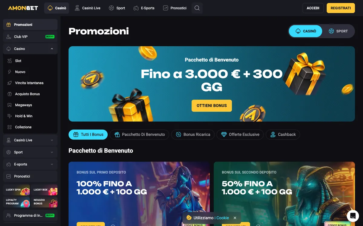 Amonbet Casino — Promotions, captured from Italy