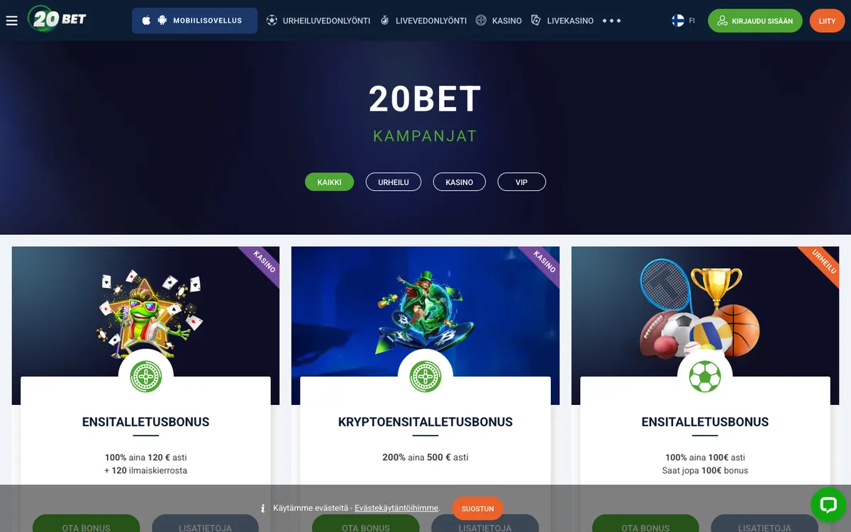 20bet Casino — Promotions, captured from Finland
