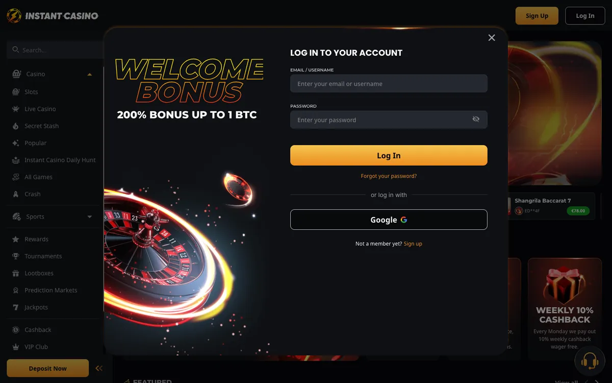 Instant Casino — Sign-up, captured from Japan