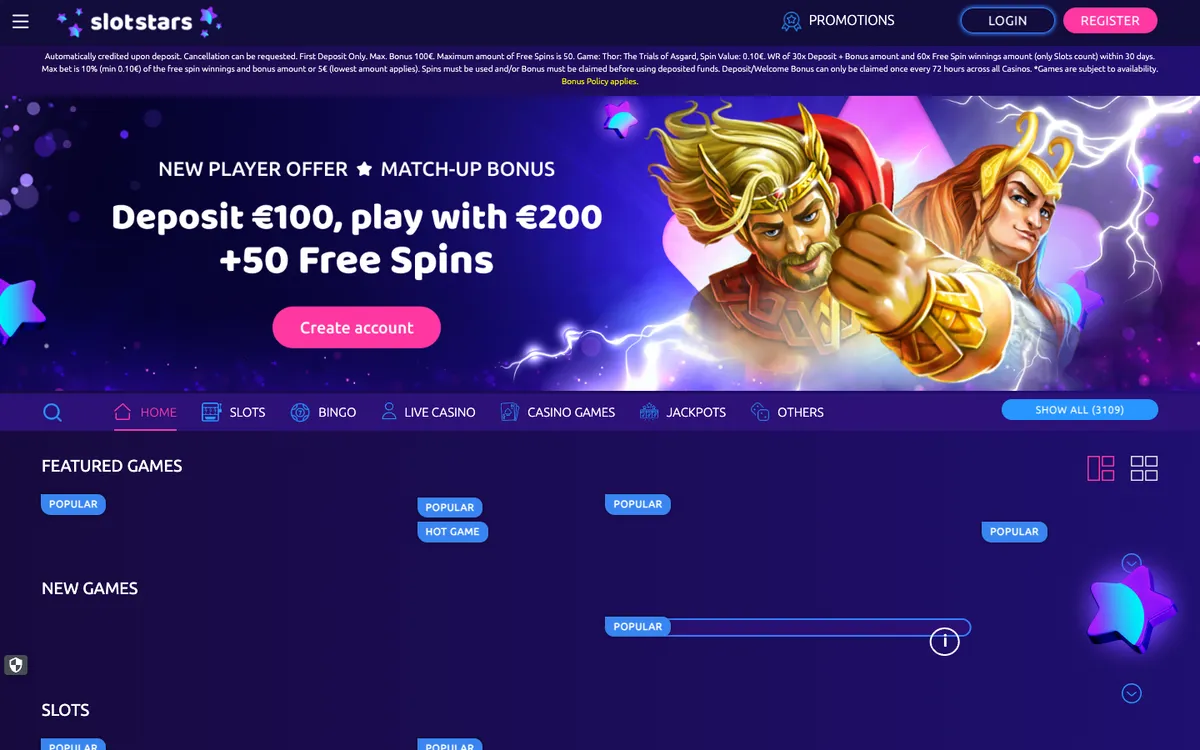 Slotstars Casino — Home page, captured from Finland