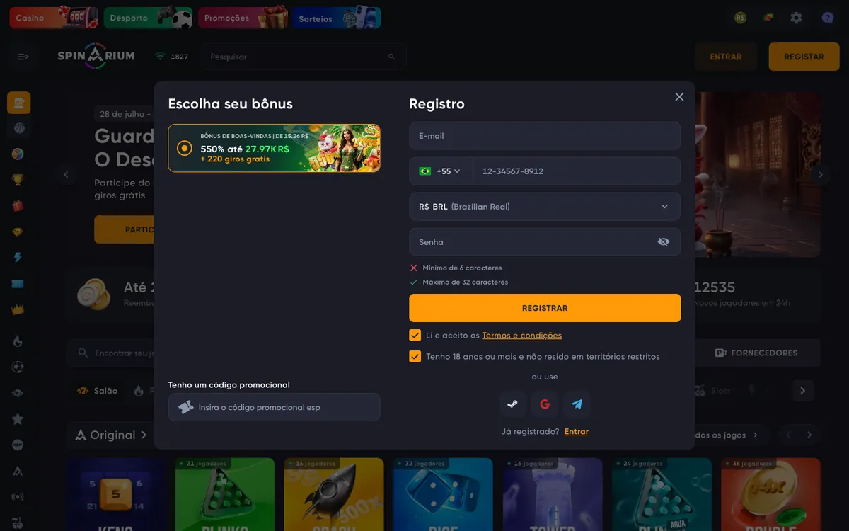 Spinarium Casino — Home page, captured from Brazil