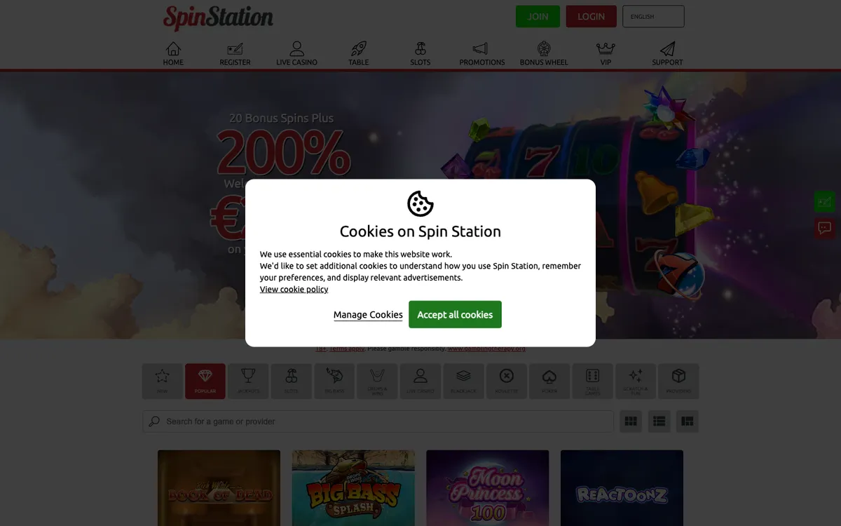 Spin Station Casino — Home page, captured from Norway