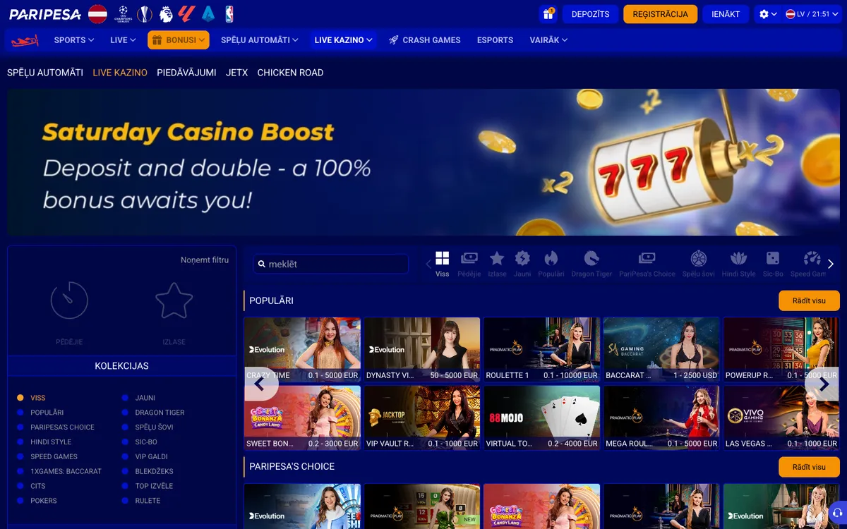 Paripesa Casino — Home page, captured from Latvia