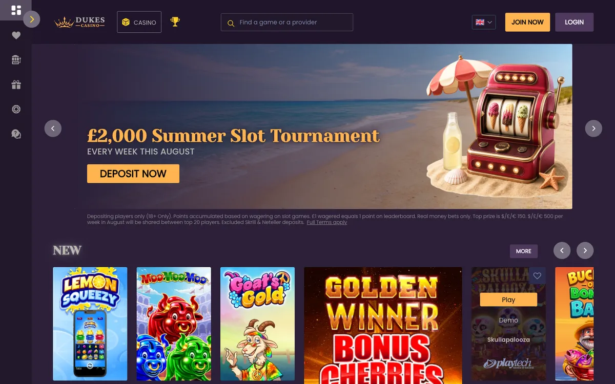 Dukes Casino — Home page, captured from Belgium