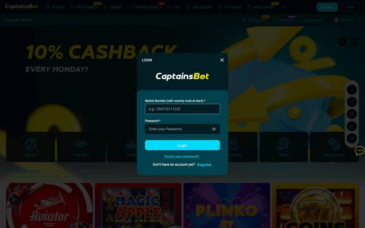 Captainsbet Casino — Sign-up, captured from Belgium