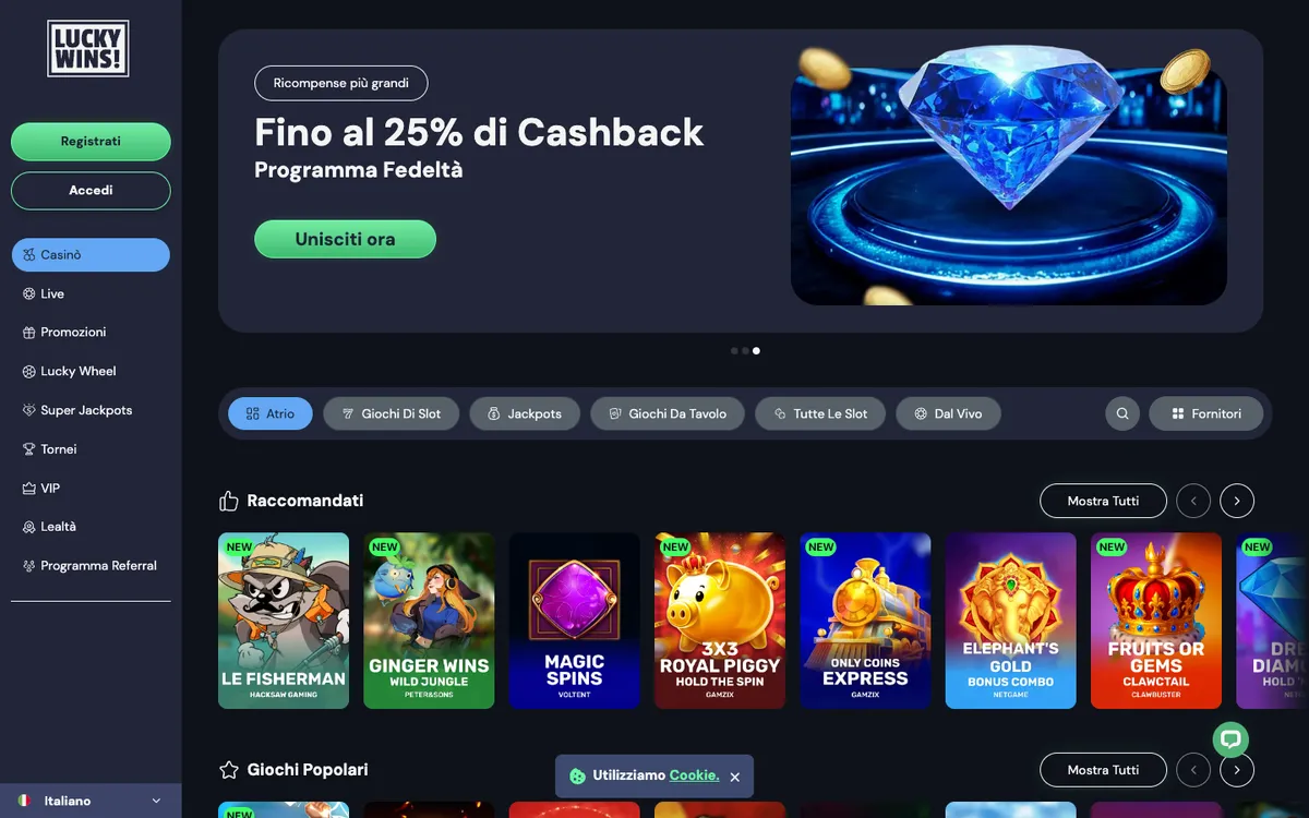 LuckyWins Casino — Home page, captured from Italy