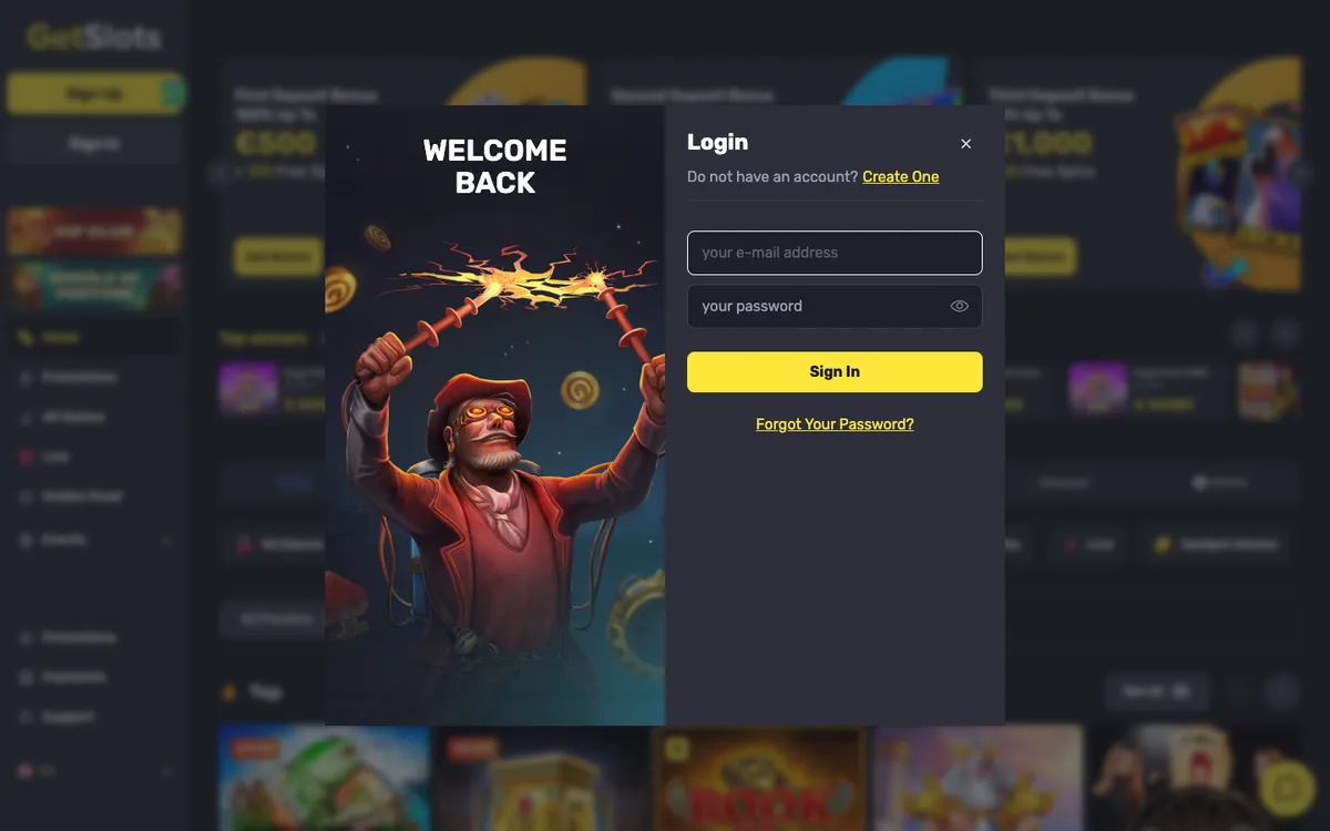 GetSlots Casino — «Регистрация», снято из страны Новая Зеландия
