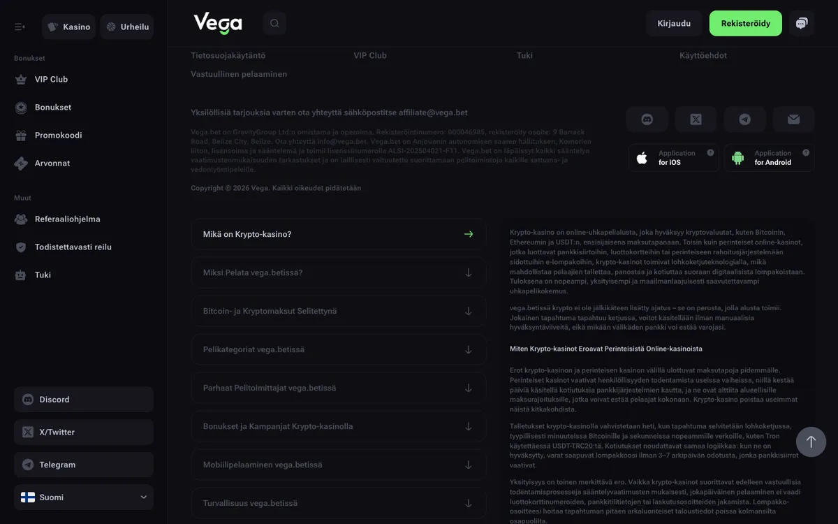 Vega.bet Casino — Home page, captured from Finland