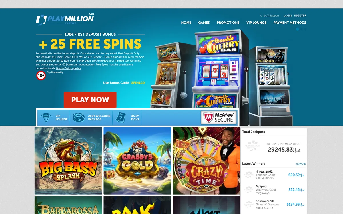 Play Million Casino — Home page, captured from United Arab Emirates