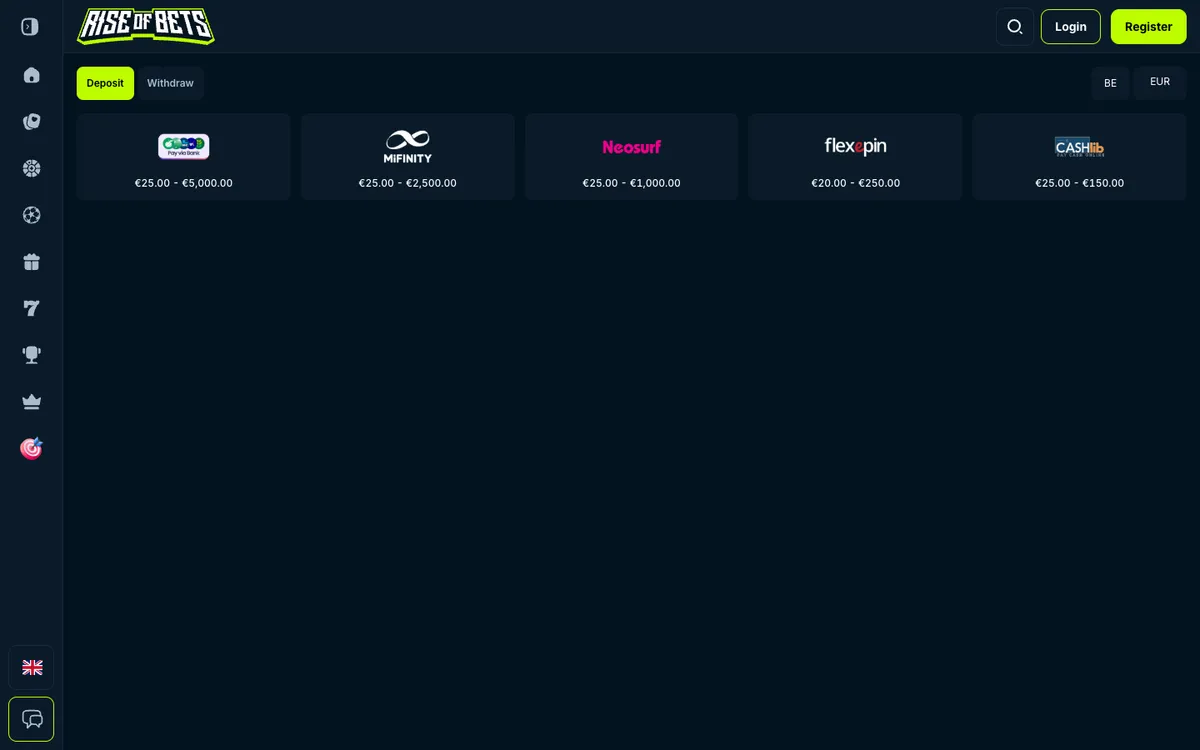 Rise of Bets Casino — Payments, captured from Belgium