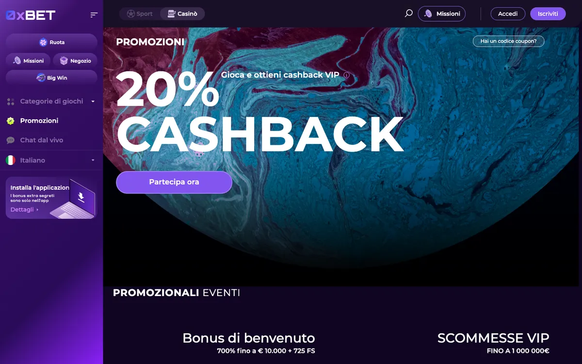 0x.bet Casino — Promotions, captured from Italy