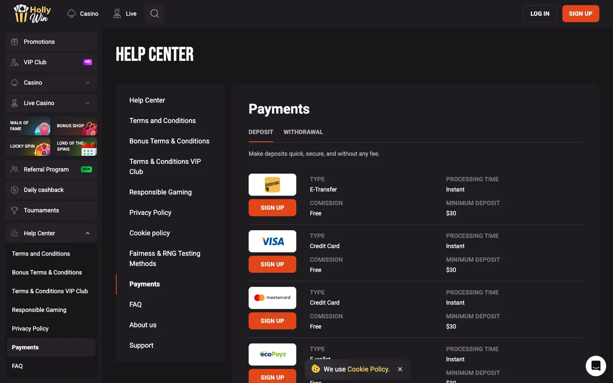 HollyWin Casino — Payments, captured from Canada