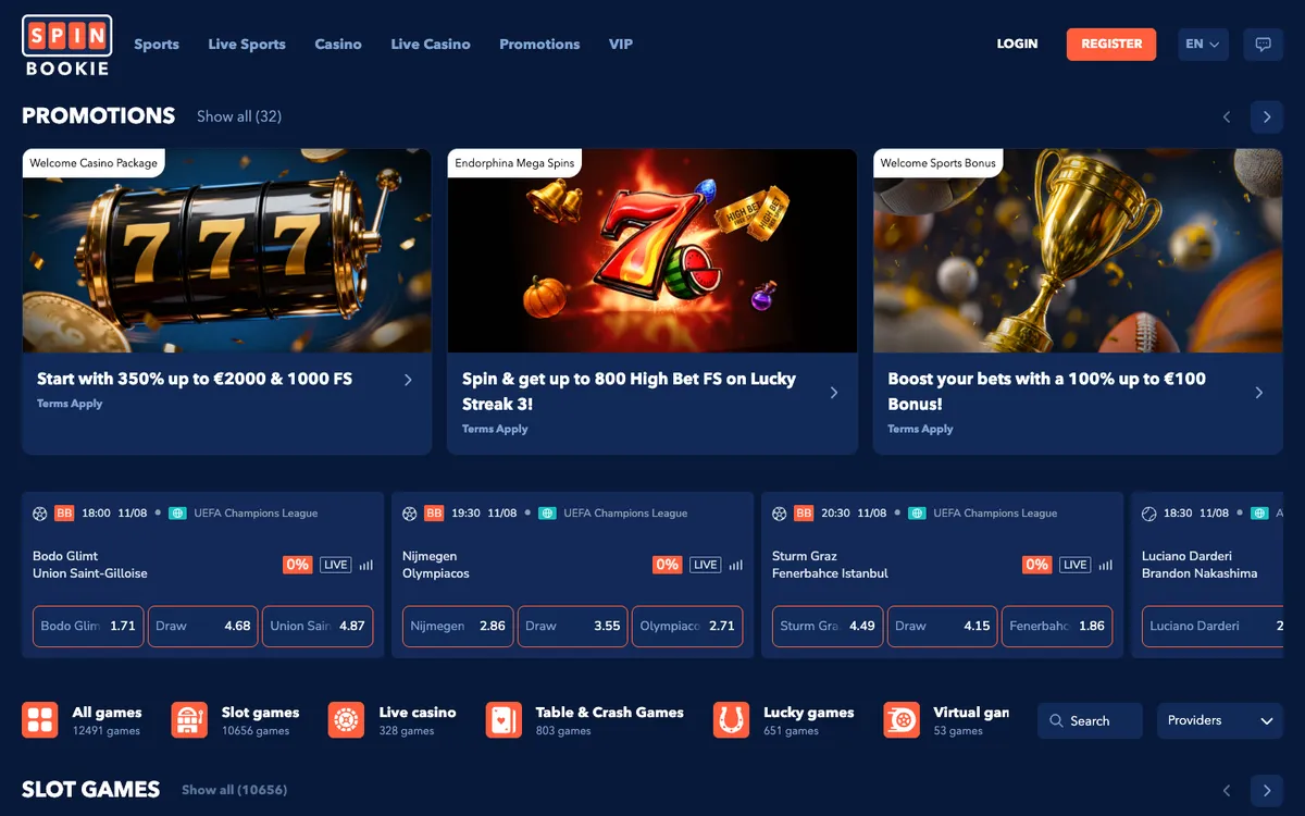 Spinbookie Casino — Home page, captured from Spain