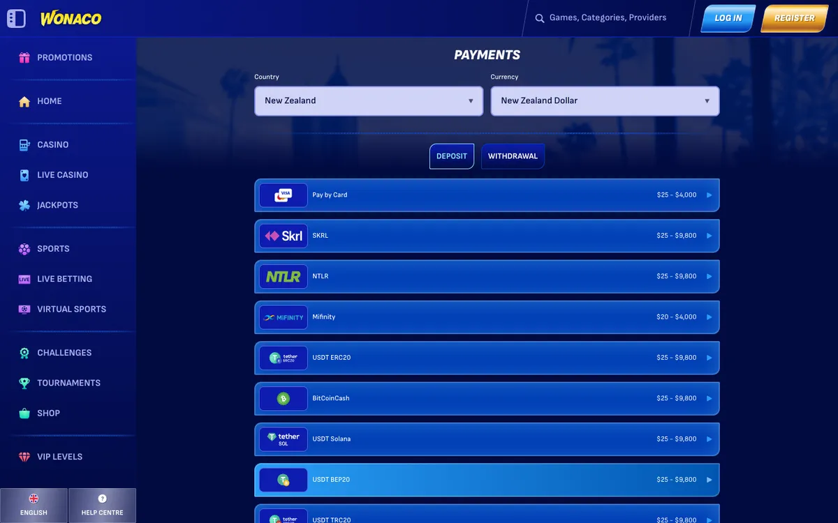 Wonaco Casino — «Платежи», снято из страны Новая Зеландия