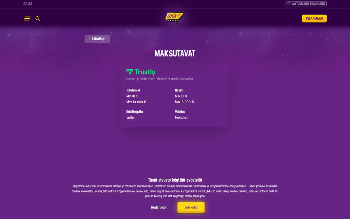 Lucky Casino — Payments, captured from Finland
