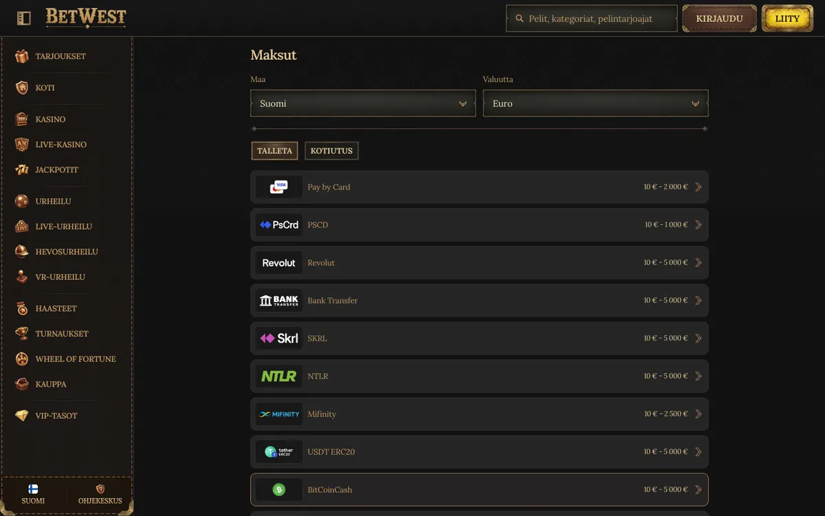 BetWest Casino — Payments, captured from Finland