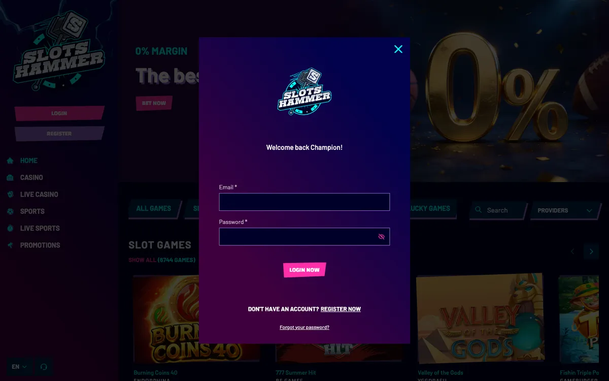 Slots Hammer Casino — Sign-up, captured from Portugal