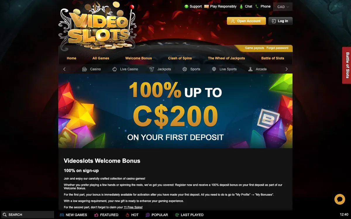 Videoslots Casino — Promotions, captured from Canada