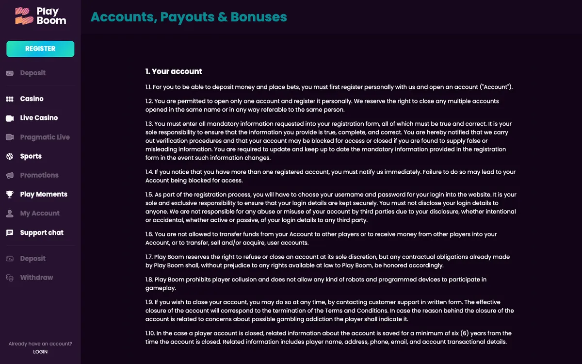 Play Boom Casino — Promotions, captured from Canada